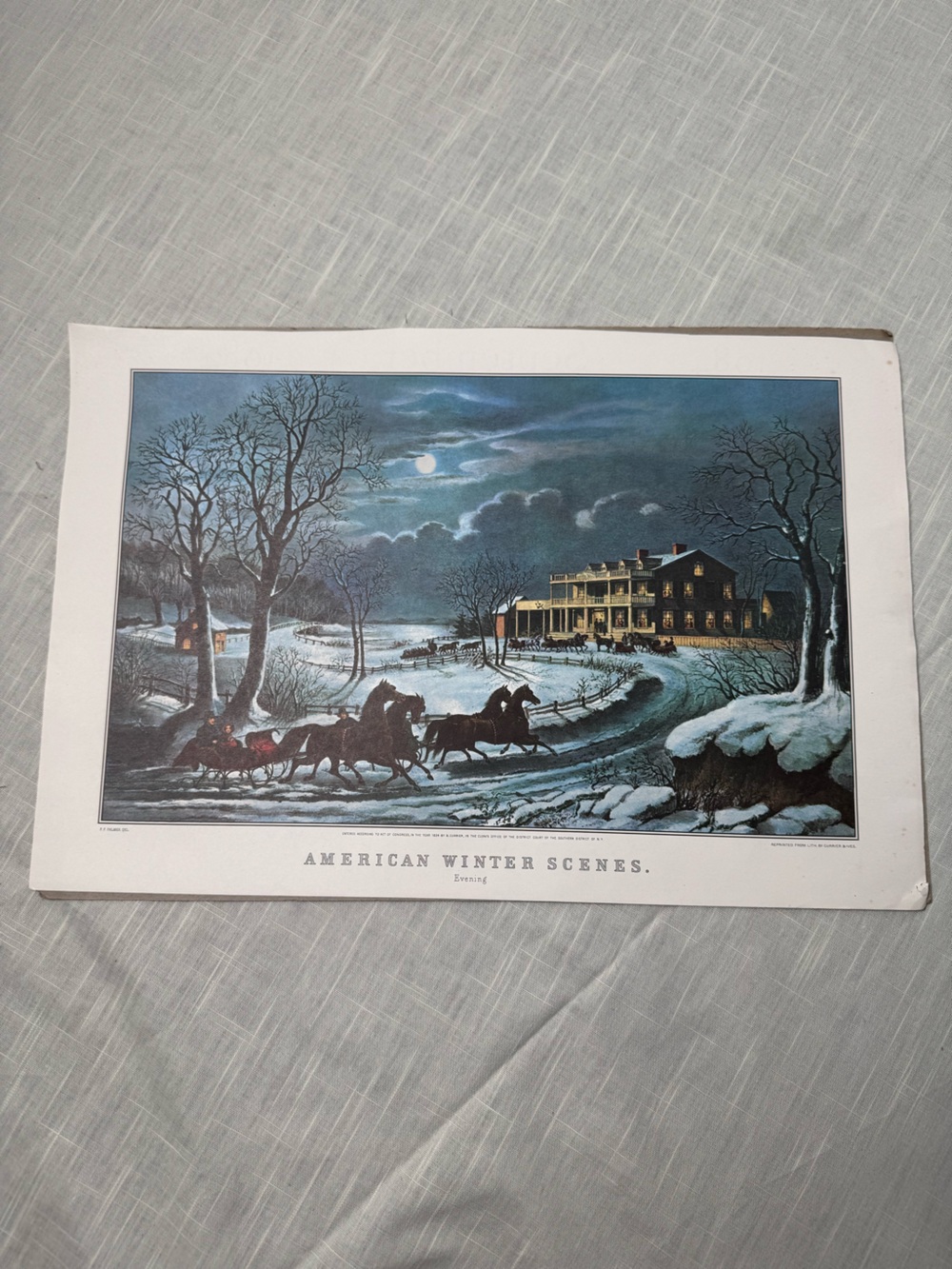 Currier & Ives Calendar Topper 1984 American Winter Scene Horses Sleigh Snow